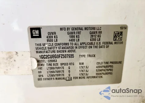 2015 Chevrolet Silverado C2500 Heavy Duty z USA, uszkodzony, nr VIN 1GC2CUEG0FZ507935